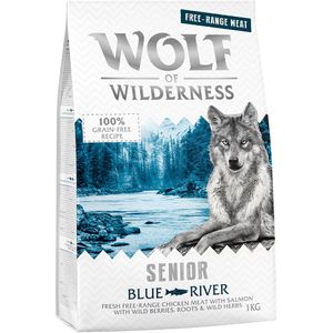1kg Wolf of Wilderness Senior Blue River Scharrelkip & Zalm Hondenvoer droog