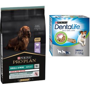 12 kg / 14 kg Pro Plan Dog  Gratis Dentalife snacks! - Small & Mini Adult Sensitive Digestion Graanvrij (7kg)  voor Kleine Honden (60 stuks)