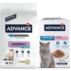op Advance droogvoer  natvoer -  Hairball Kattenvoer 10 kg  Adult Sterilized 12 x 85 g