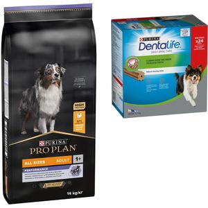 12 kg / 14 kg Pro Plan Dog  Gratis Dentalife snacks! - All sizes Adult Performance Kip & Rijst (14 kg)  Dentalife Medium (24 stuks)