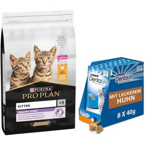 10 kg PURINA PRO PLAN  8 x 40 g Dentalife Dagelijkse tandverzorgingssnacks gratis! - Kitten Healthy Start rijk aan Kip