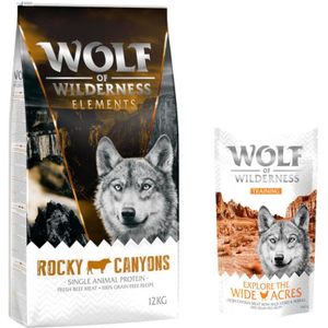 12 kg Wolf of Wilderness  Training ""Explore"" Snack gratis! - Rocky Canyons - Rund (Monoprotein) (12 kg)  Explore the Wide Acres Kip (100 g)