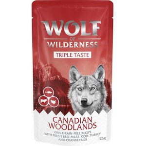 12x125g ""Triple Taste"" Canadian Woodlands Wolf of Wilderness Hondenvoer