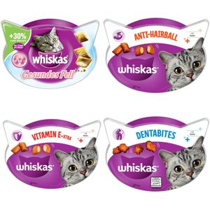 Voordeelverpakking aan snacks van Whiskas - 2 x 40 g Dentabites Kip  2 x 50 g Vitamine E-Xtra  2 x 50 g Gezonde Vacht  2 x 60 g Anti-Hairball