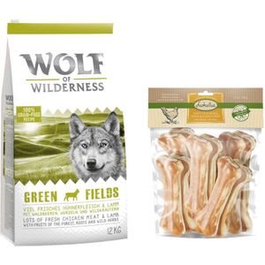12 kg Wolf of Wilderness Droogvoer  750 g Lukullus Kauwbotten gratis! - Green Fields - Lam  Kip Kauwbotten 15cm