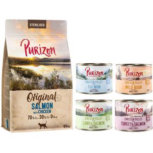 6,5 kg Purizon droogvoer  6 x 200 g Purizon natvoer mix gratis - Sterilised Adult Zalm met Kip (6,5 kg)