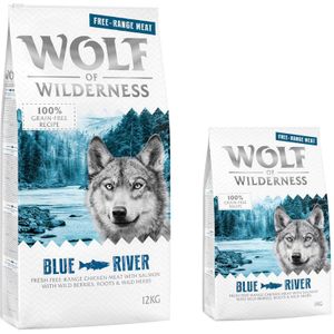 12 2kg Gratis! 14kg Adult Blue River Scharrelkip & Zalm Wolf of Wilderness Hondenvoer