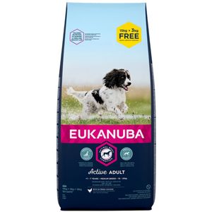 15 kg  3 kg gratis! 18 kg Bonusbag Eukanuba Hondenvoer - Active Adult Medium Breed Kip