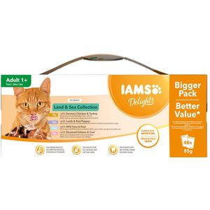 36  12 Gratis! IAMS Delights Adult Land & Sea Kattenvoer 48 x 85 g in Saus