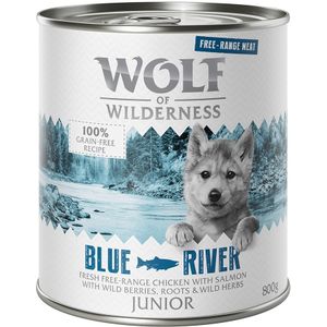 Wolf of Wilderness Junior ""Scharrelvlees"" 6 x 800 g Hondenvoer - Junior Blue River - Kip & Zalm