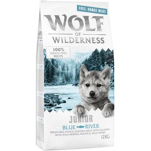 12kg Wolf of Wilderness Junior Blue River Scharrelkip & Zalm Hondenvoer droog