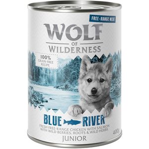 Wolf of Wilderness Junior ""Scharrelvlees"" 6 x 400 g Hondenvoer - Junior Blue River - Kip & Zalm