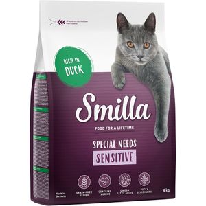 3  1 kg gratis! Smilla Adult Kattenvoer - Adult Sensitive Graanvrij met Eend (4 kg)