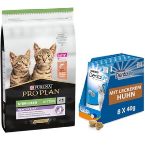 10 kg PURINA PRO PLAN  8 x 40 g Dentalife Dagelijkse tandverzorgingssnacks gratis! - Sterilised Kitten Healthy Start Zalm