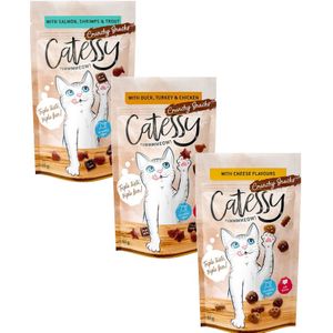 Gemengd proefpakket Catessy Knapperige Snacks 3 x 65 g - met 3 soorten (Eend, Kalkoen & Kip, Zalm, Garnalen & forel, kaassmaken)