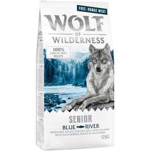 12kg Wolf of Wilderness Senior Blue River Scharrelkip & Zalm Hondenvoer droog