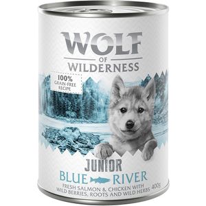 6x400g Little Blue River Junior Kip & Zalm Wolf of Wilderness Hondenvoer