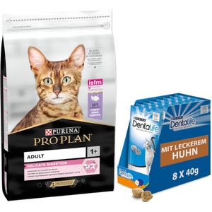 10 kg PURINA PRO PLAN  8 x 40 g Dentalife Dagelijkse tandverzorgingssnacks gratis! - Adult Delicate Digestion rijk aan Kalkoen