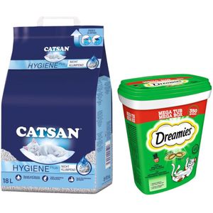 Catsan Hygiëne Plus 18l  2x350g Dreamies Tub - Hygiëne Plus (18 l)  Kattenkruid  (2 x 350 g)
