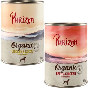 Purizon Organic 6 x 400 g Hondenvoer - Mixpakket 1:  3 x Rund en kip met wortel 3 x Kip en gans met pompoen