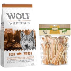 12 kg Wolf of Wilderness Droogvoer  750 g Lukullus Kauwbotten gratis! - Oak Woods - Wild Zwijn  Kip Kauwbotten 15 cm