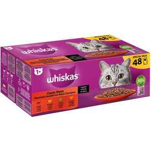 48 x 85 g 1  Adult Maaltijdzakjes Klassieke selectie in saus: Rund, Lam, Gevogelte  Kip Whiskas Kattenvoer