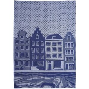 Heinen Delfts Blauw Theedoek Huisjes