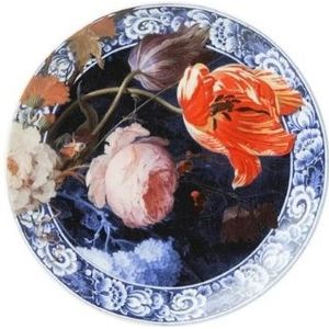 Heinen Delftsblauw wandbord bloemen van de gouden eeuw middel