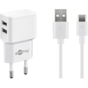 Goobay USB-A thuislader met 2 poorten en losse USB-C kabel - 2,4A / wit - 1 meter