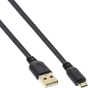 USB Micro B naar USB-A platte kabel - USB2.0 - tot 2A / zwart - 0,30 meter