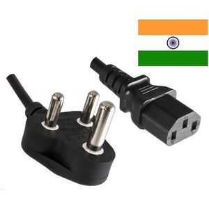 Apparaatsnoer met rechte C13 plug en haakse type M stekker (India) - 3x 1,50mm / zwart - 5 meter
