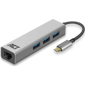 ACT USB-C naar RJ45 Gigabit LAN adapter met 3-poorts USB hub - USB3.0 - CAT6 / aluminium - 0,15 meter