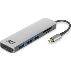 ACT USB-C hub met 3x USB-A, 1x USB-C PD 60W poort en kaartlezer - USB3.0 / aluminium - 0,15 meter