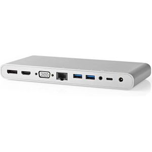 Nedis Premium USB-C naar HDMI, DisplayPort, VGA, 3,5mm, RJ45, USB-A en USB-C docking station met DP Alt Mode / aluminium - 0,20 meter