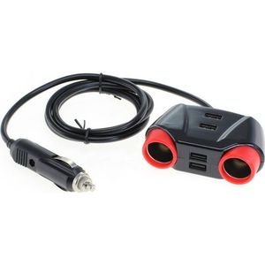 Sigarettenaanstekerplug splitter met 2x 12-24V en 4x USB-A poort / zwart/rood - 1,2 meter