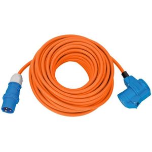 Camping stroom kabel CEE 3-pins (m) - CEE 3-pins (v) + Schuko CEE 7/3 (v) - 3x 2,50mm / oranje - 25 meter