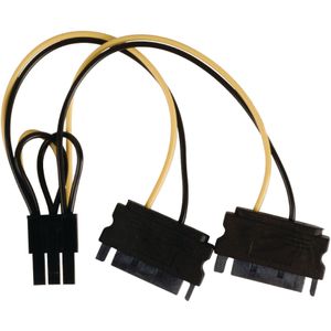 PCIe 6-pins (m) - 2x SATA 15-pins (m) voedingsadapter - 0,15 meter