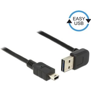 Mini USB naar Easy-USB-A haaks (boven/beneden) kabel - USB2.0 - tot 2A / zwart - 1 meter