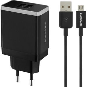 Mobiparts USB-A thuislader met 2 poorten en losse USB Micro B kabel - Smart IC - 2,4A / zwart - 1 meter