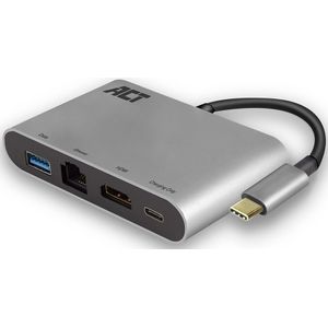 ACT USB-C naar HDMI 4K 30Hz, USB-A, USB-C PD 60W en RJ45 adapter / aluminium - 0,15 meter