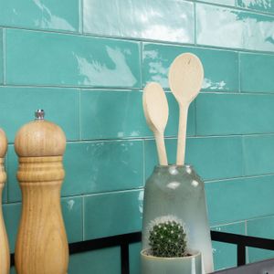 Equipe village Teal 6,5x20 cm, art 25631 - Handvorm wandtegel 6,5x20 blauw groen teal soft glans - TOZCW503