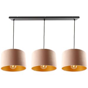 Zwarte 3L hanglamp met velours roze/gouden 30cm lampenkappen