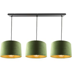 Zwarte 3L hanglamp met velours olijfgroen/gouden 30cm lampenkappen