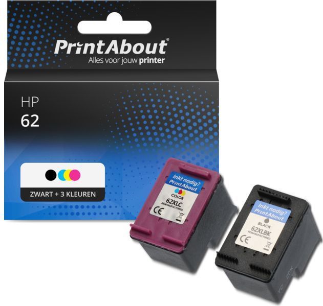 PrintAbout huismerk Inktcartridge 62 (N9J71AE) Zwart + 3 kleuren Multipack Geschikt voor HP