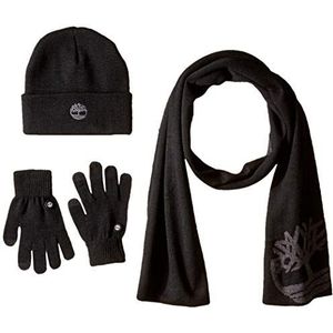 Timberland Dubbellaagse sjaal, muts met manchetten en toverhandschoen, zwart, Eén maat, zwart.