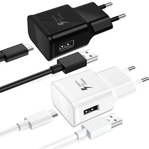 Chargeur charge rapide, lot de 2 chargeurs mobiles muraux 15 W avec 2 câbles USB C 1,8 m, kit prise chargeur USB pour Galaxy S21/S20/S10/S9/S8/Note 8 9 10 20/A51/A52(Blanc + Noir)