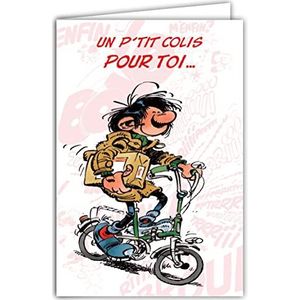 Gaston Lagaffe verjaardagskaart op een fiets – met geïllustreerde envelop 17,5 x 12 cm – gemaakt in Frankrijk – GLCT-0156