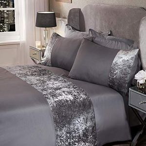 Sienna Beddengoed van 100% polyester met geplette fluwelen band, zilvergrijs, voor tweepersoonsbed