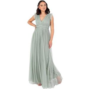 plaza collection limited Anaya with Love Lange damesjurk met korte mouwen, V-hals, satijn, tule, A-lijn, bruidsmeisjesjurk, bruiloftsgast, baljurk, groen 24, groen, ijsgroen, 52