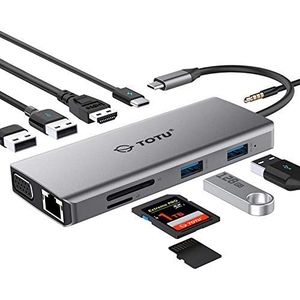TOTU USB C-hub, type C-hub, 11-in-1 adapter met ethernet, 4K USB C naar HDMI, VGA, 2 USB 3.0 2 USB 2.0, micro SD/TF-kaartlezer, micro/audio, USB-C Pd 3.0, compatibel met Mac Pro en a
